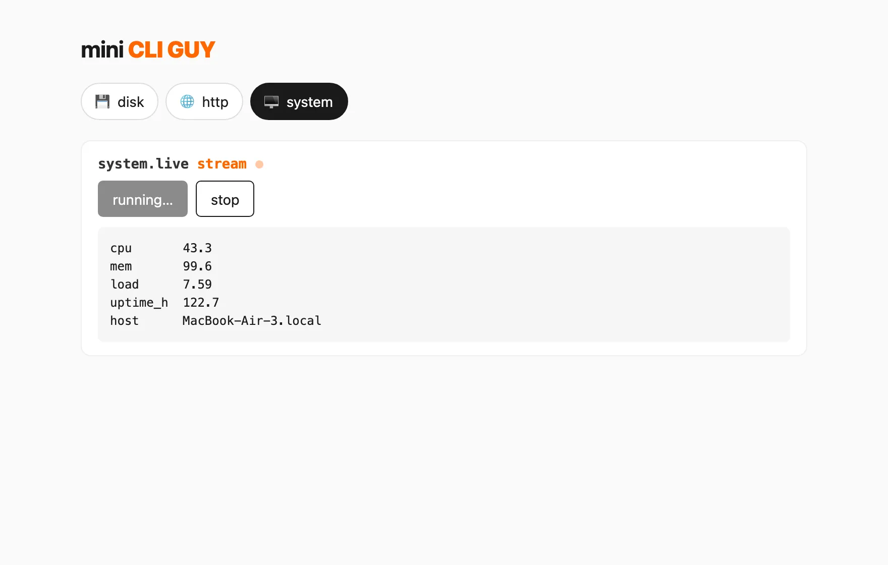 The system tab: a live CPU / mem / load snapshot, pushed once a second over the WebSocket.