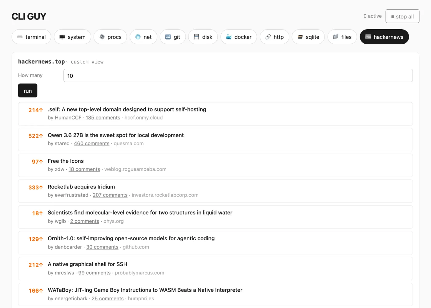 CLI GUY hackernews tab showing story cards from a wrapped CLI