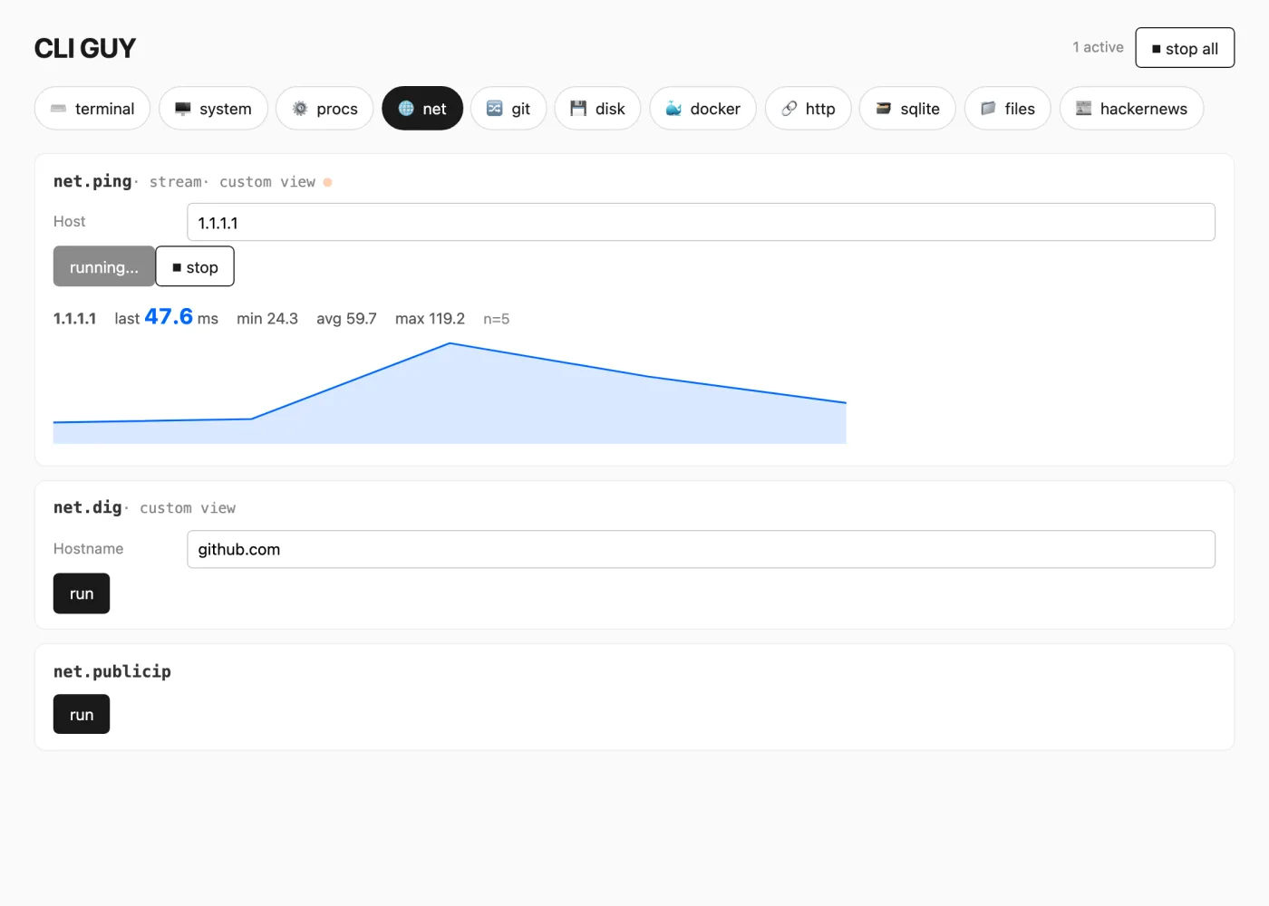 CLI GUY net tab streaming ping with a latency sparkline